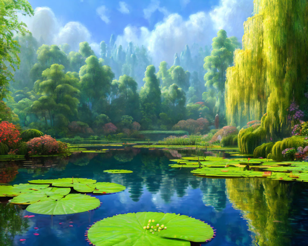 Tranquil pond with lily pads, blossoms, and lush greenery