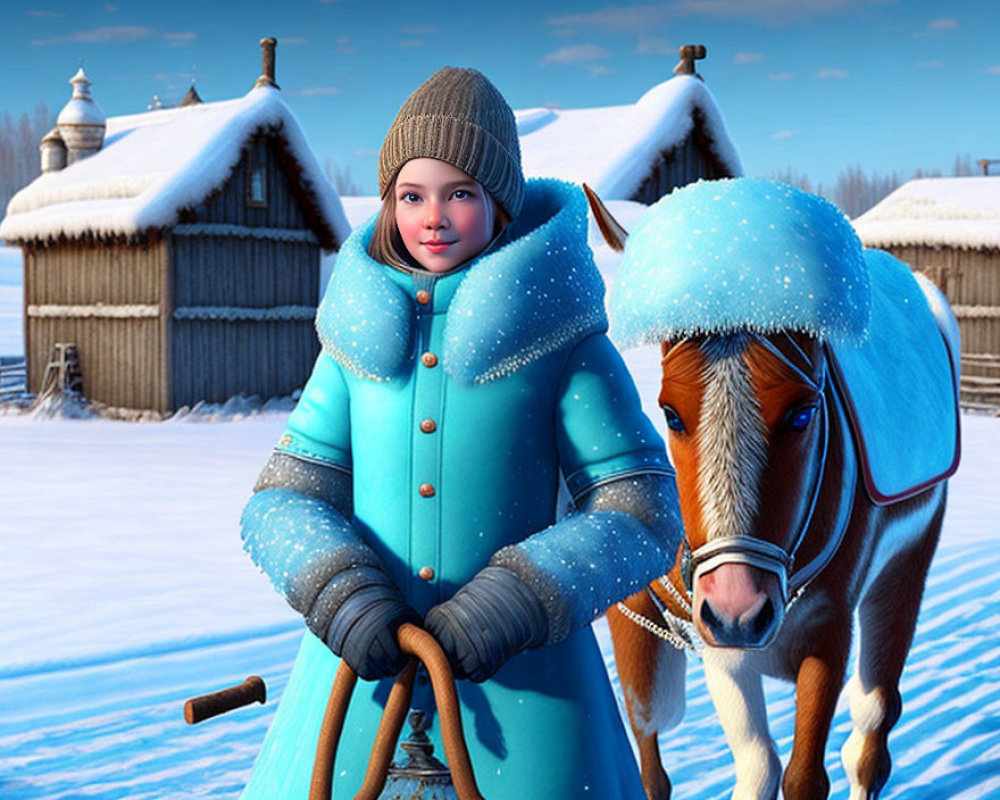 Child in Blue Winter Coat Standing Beside Pony in Matching Blue Blankets on Snowy Village Background