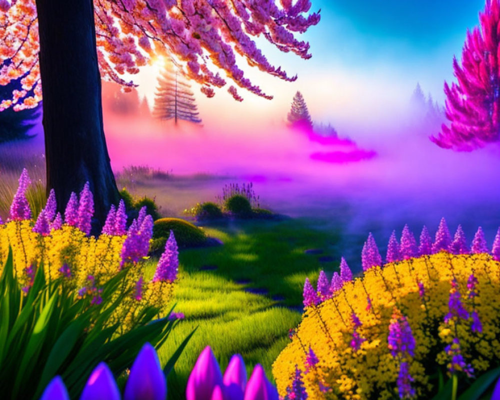 Colorful Landscape with Blooming Trees and Misty Atmosphere