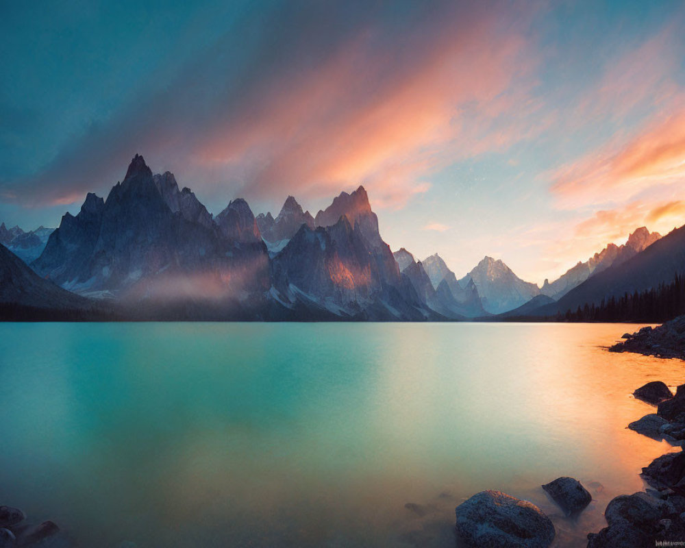 Serene lake with turquoise waters and rugged mountain peaks at dusk or dawn
