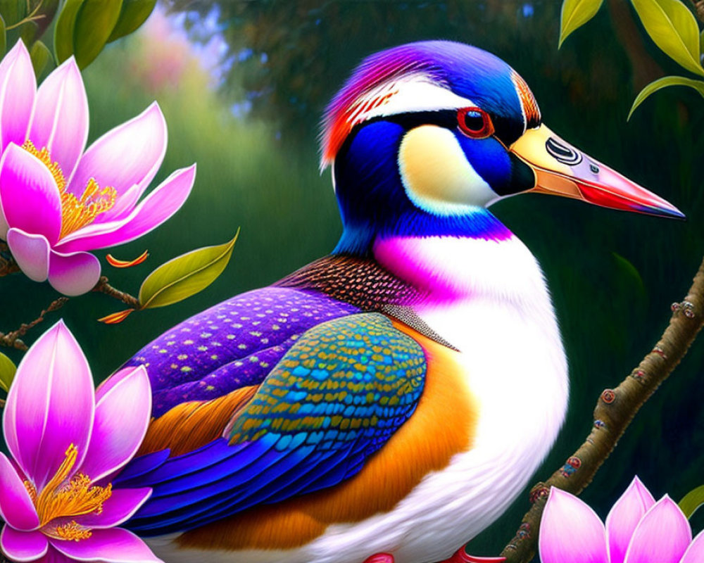 Colorful Bird Among Pink Lotus Flowers and Green Foliage