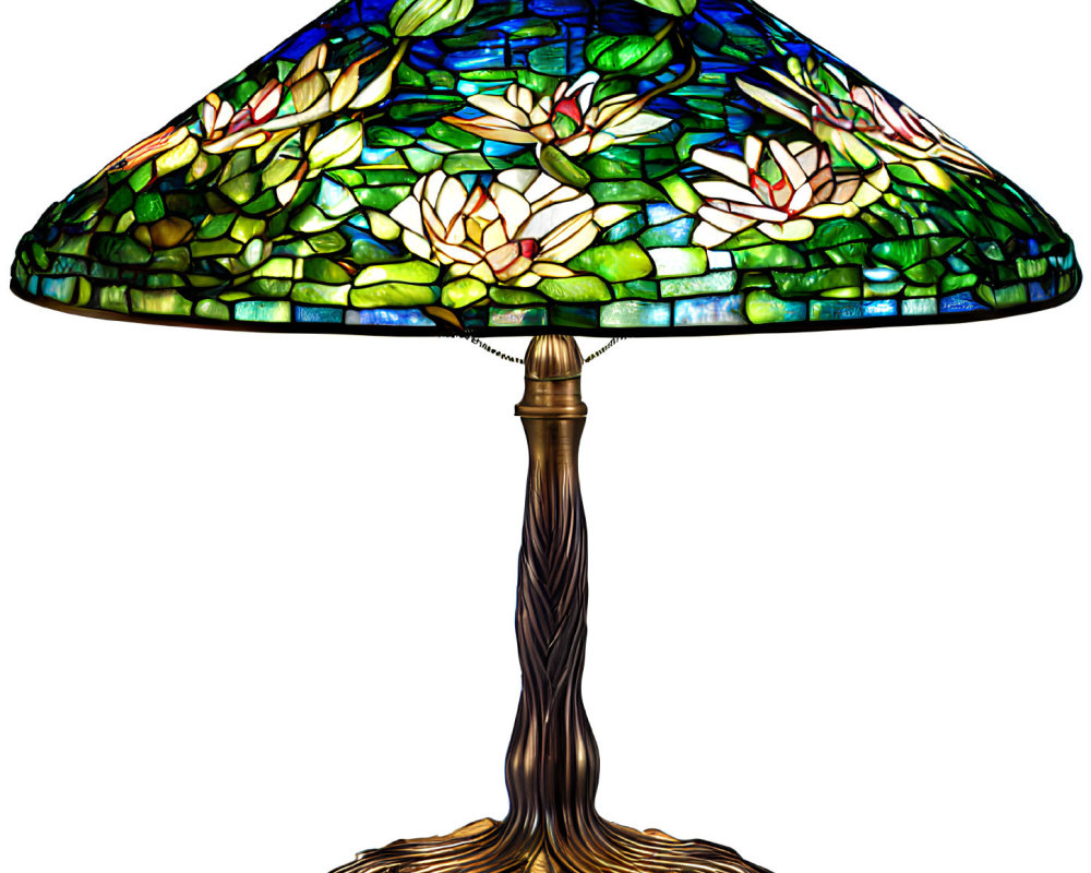 Stained Glass Table Lamp with Water Lily Design and Bronze Base