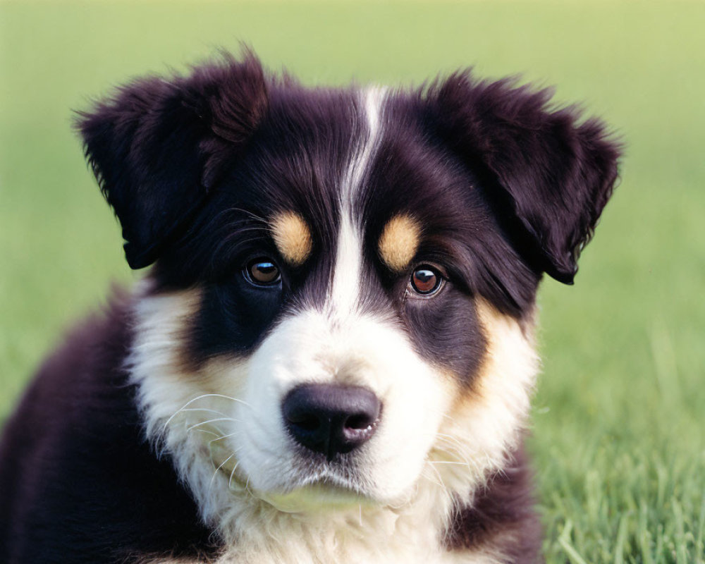 Tricolor Puppy with Floppy Ears on Green Grass