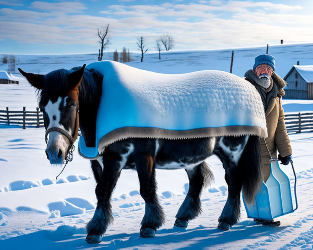 Person in Warm Clothes with Horse in Snowy Landscape