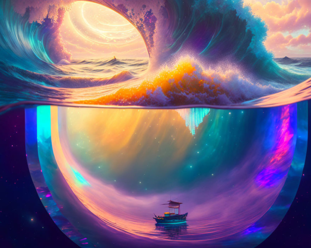 Colorful Surreal Ocean Scene with Boat and Swirling Wave