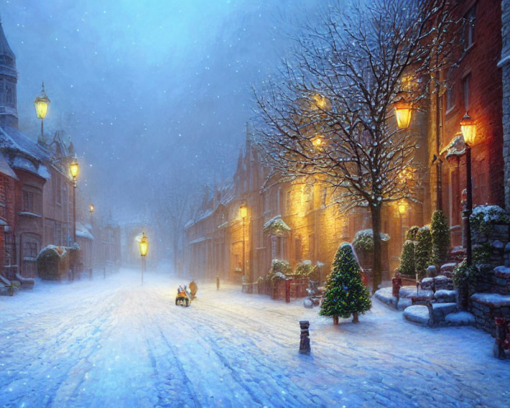 Snow-covered street at twilight with glowing streetlights and festive decorations