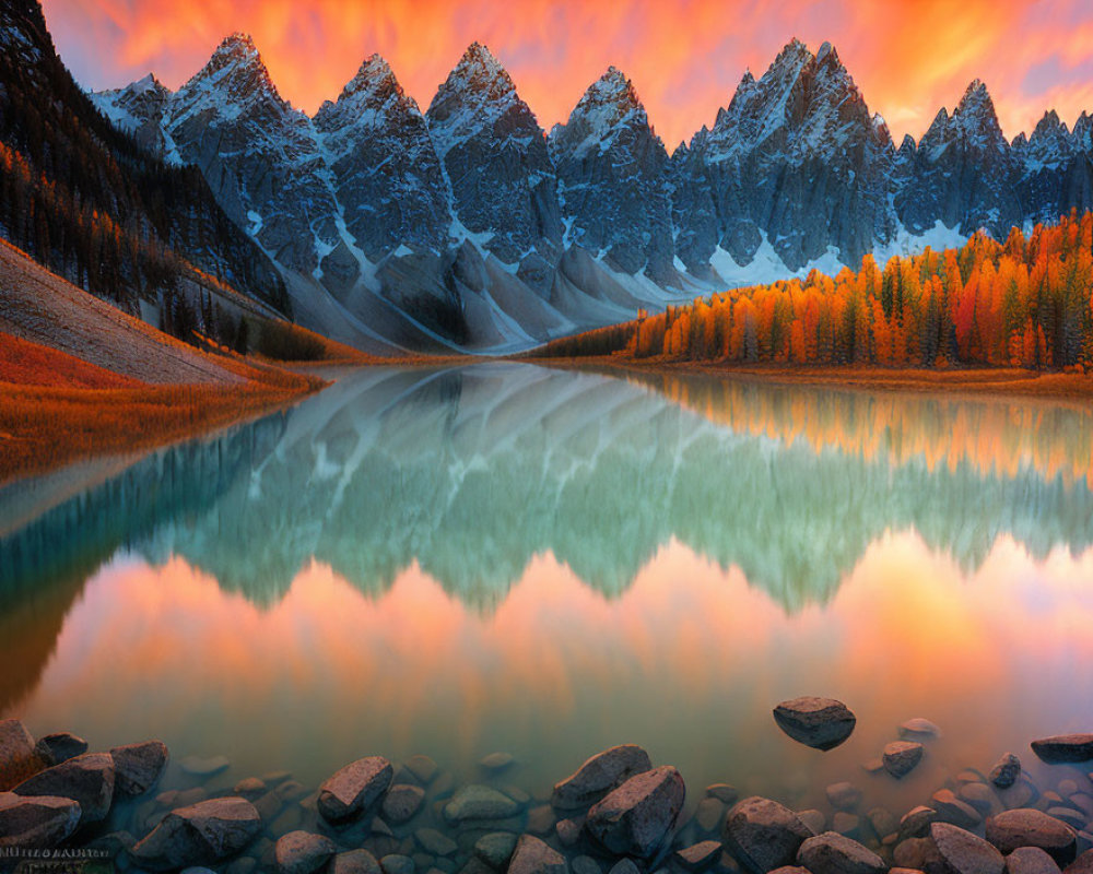 Majestic snow-capped mountains reflected in serene lake at sunset