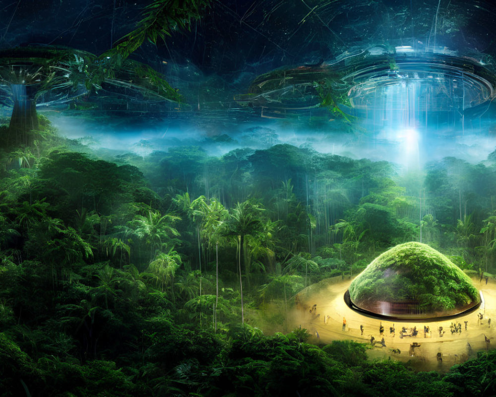 Lush forest with futuristic structures and illuminated hill in artwork