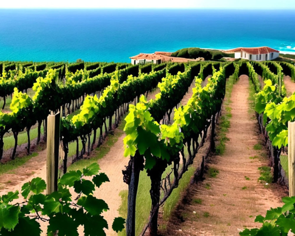 Vineyard rows leading to coastal line under clear sky with distant building