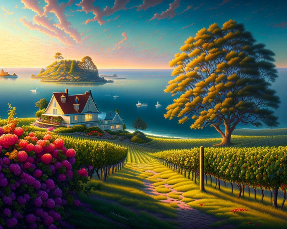 Colorful seaside landscape with house, vineyards, tree, and boats under sunset sky