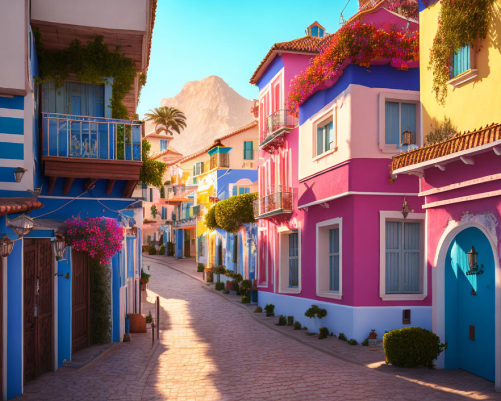 Colorful houses on cobblestone street with mountain view