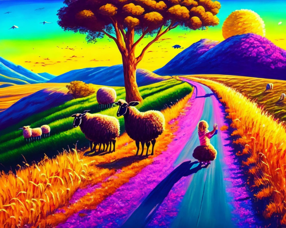 Colorful surreal landscape with road, fields, sheep, girl, and mountains under vivid sunset.