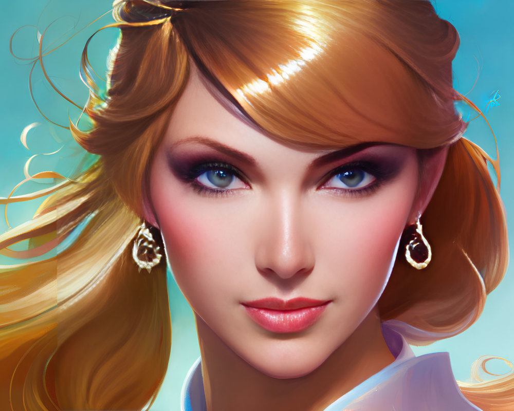 Detailed Digital Portrait of Woman with Blonde Hair, Blue Eyes, Makeup, and Gold Earrings