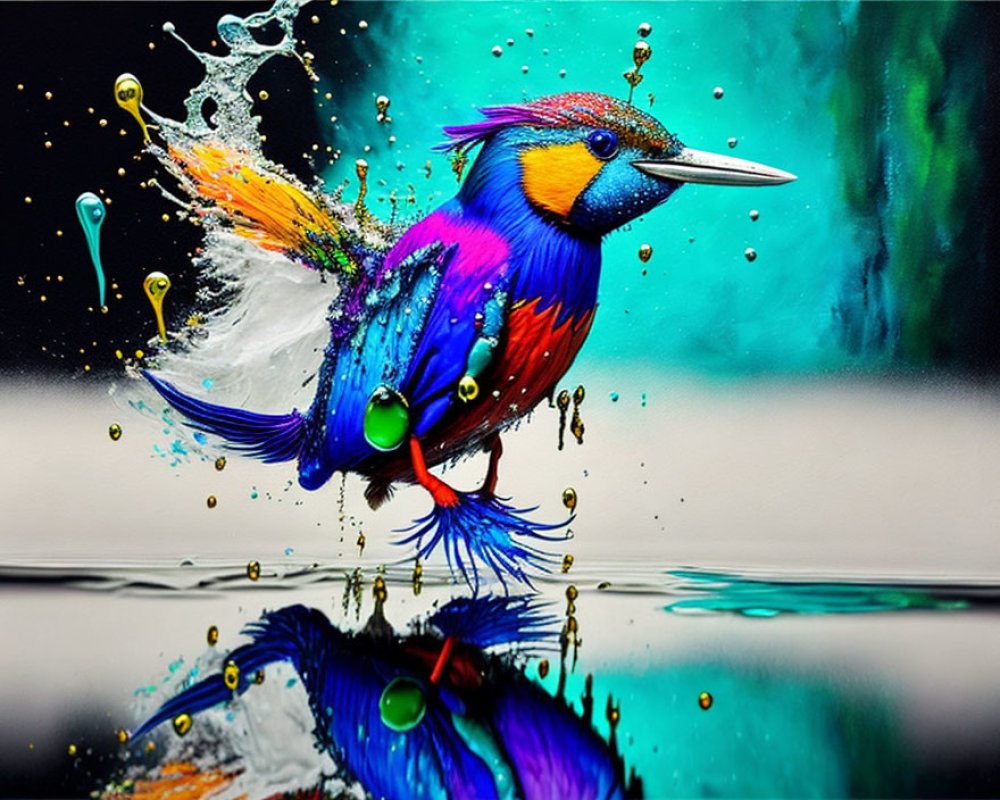 Colorful Kingfisher Bird Reflecting in Water and Paint Splash