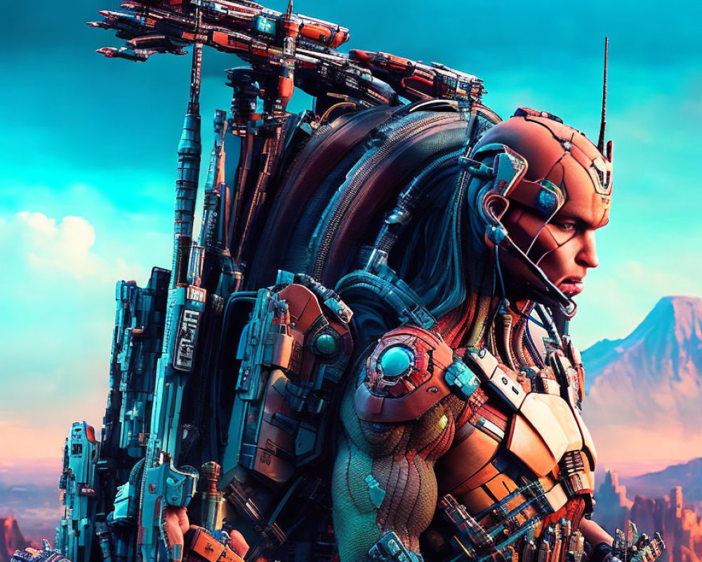 Futuristic warrior with cybernetic enhancements in dystopian landscape