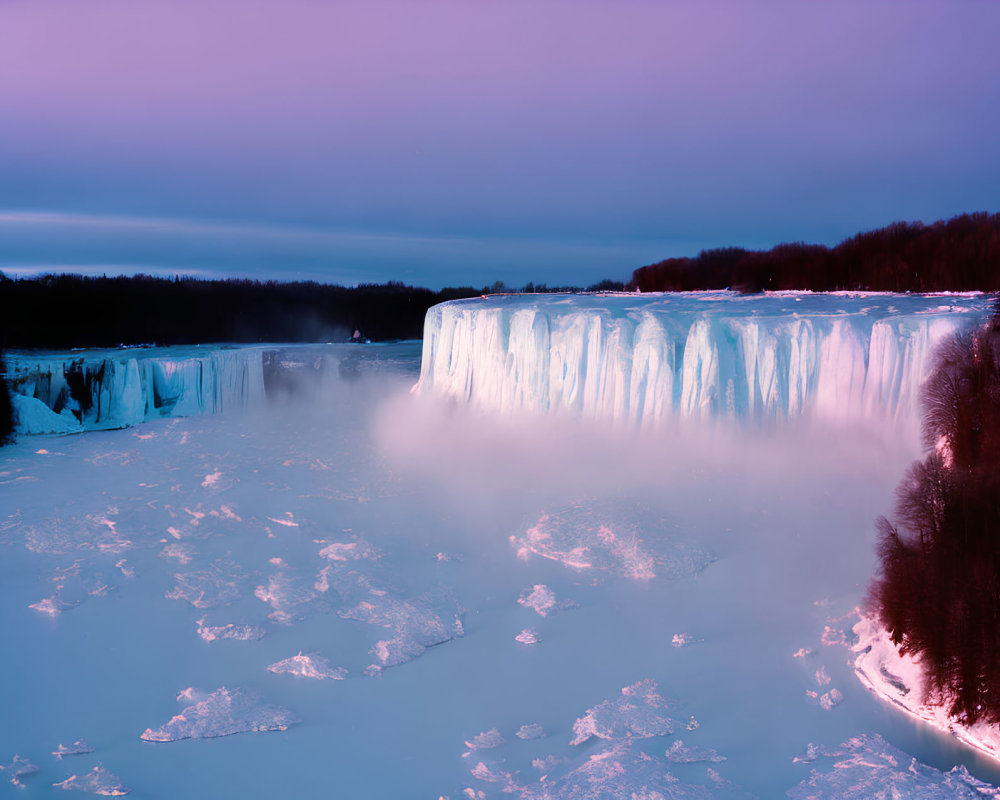 Twilight View of Illuminated Niagara Falls in Winter