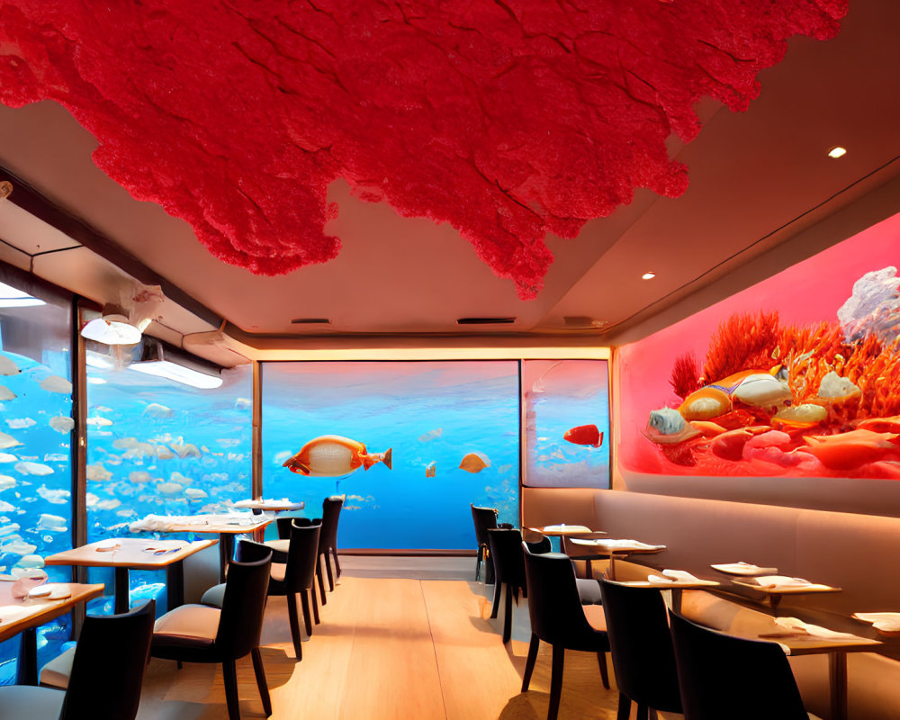 Colorful restaurant interior with aquarium wall, coral ceiling, warm lighting, and set tables