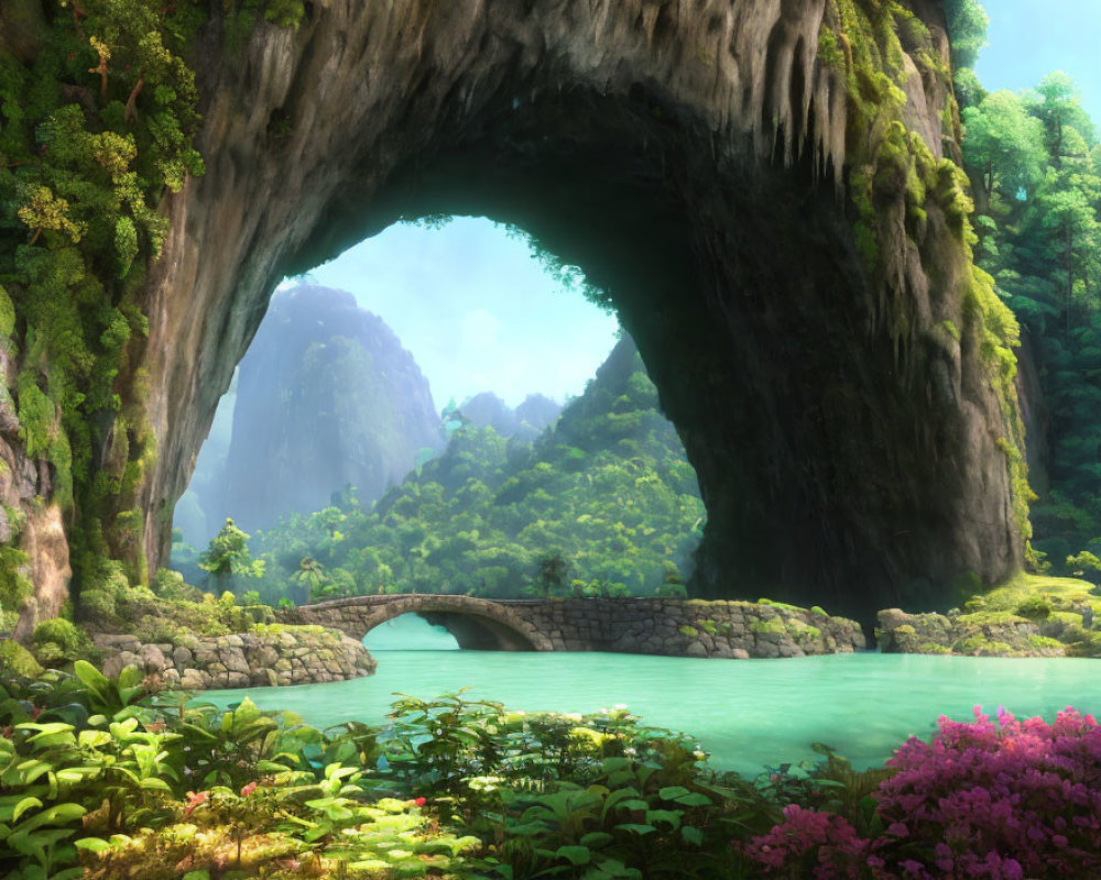 Tranquil river with stone bridge and natural rock archway