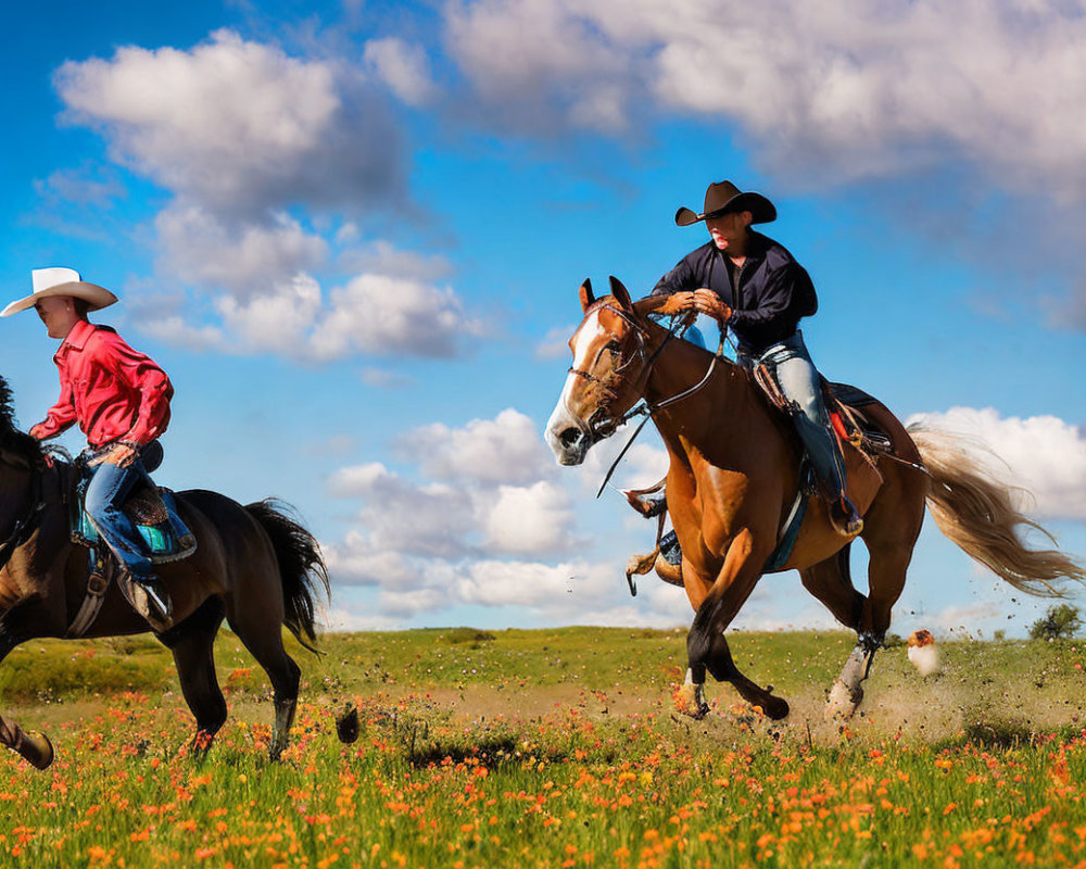 Two cowboys on horses in a field under vibrant blue sky.