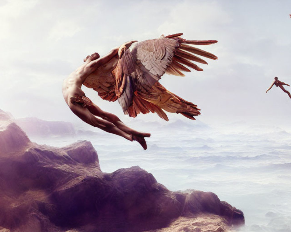 Surreal image of human figures with bird wings above cloudy landscape