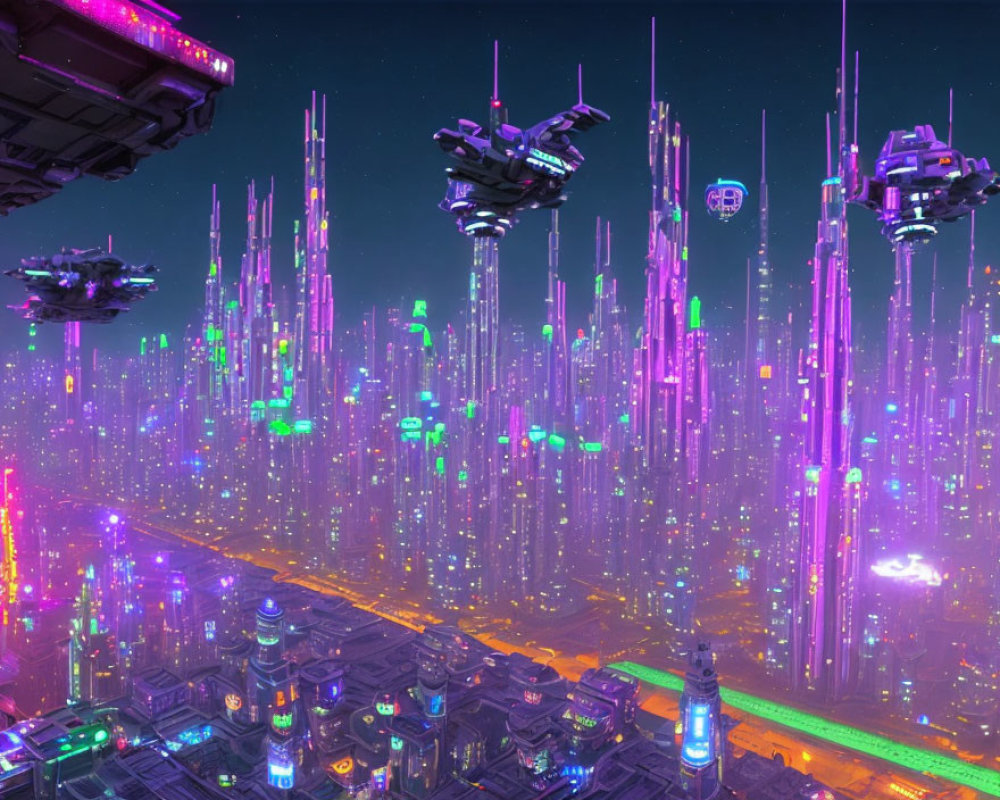 Neon-lit futuristic cityscape with flying vehicles at night