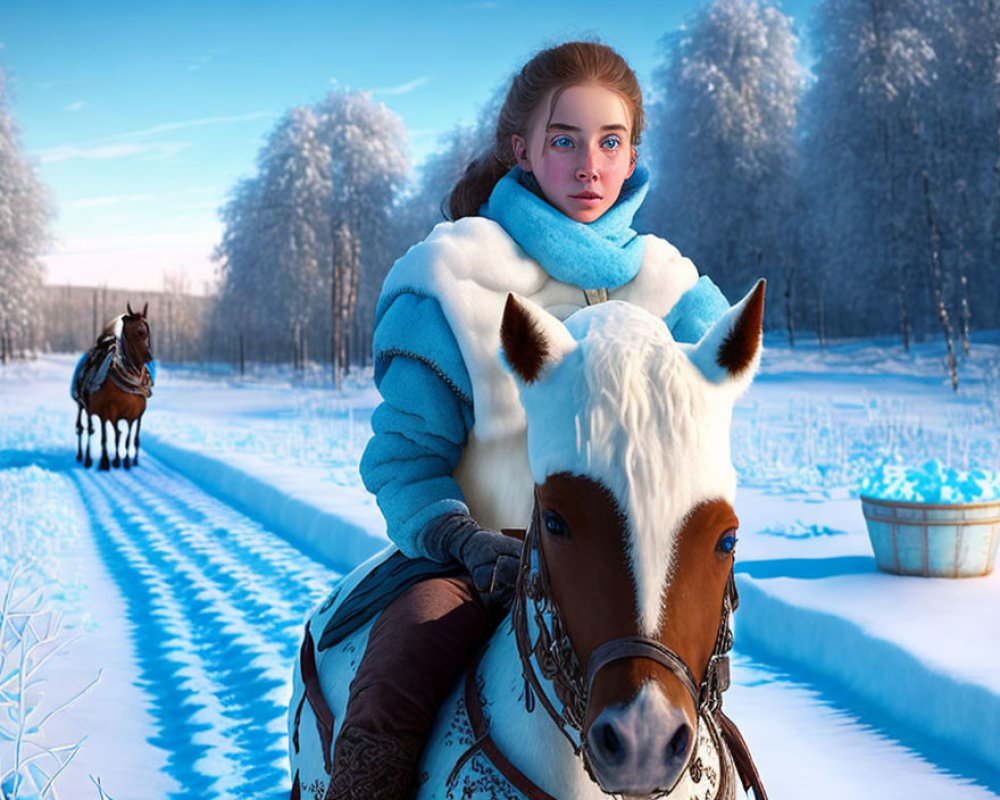 Girl in blue scarf and white coat riding white horse in snowy landscape