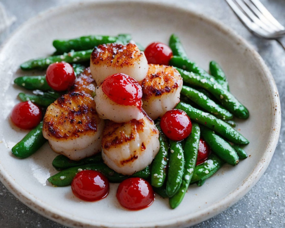 Grilled Scallops with Green Beans and Cherry Tomatoes Seasoned with Spices