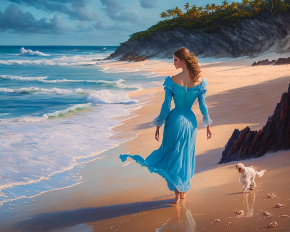 Woman in blue dress walking on beach with small white dog, waves crashing, palm trees on distant cliff