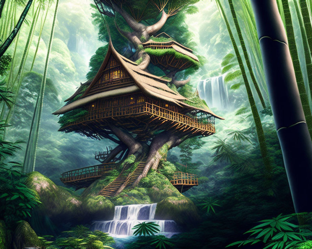 Detailed illustration of multi-tiered treehouse in lush forest with bamboo and waterfall.