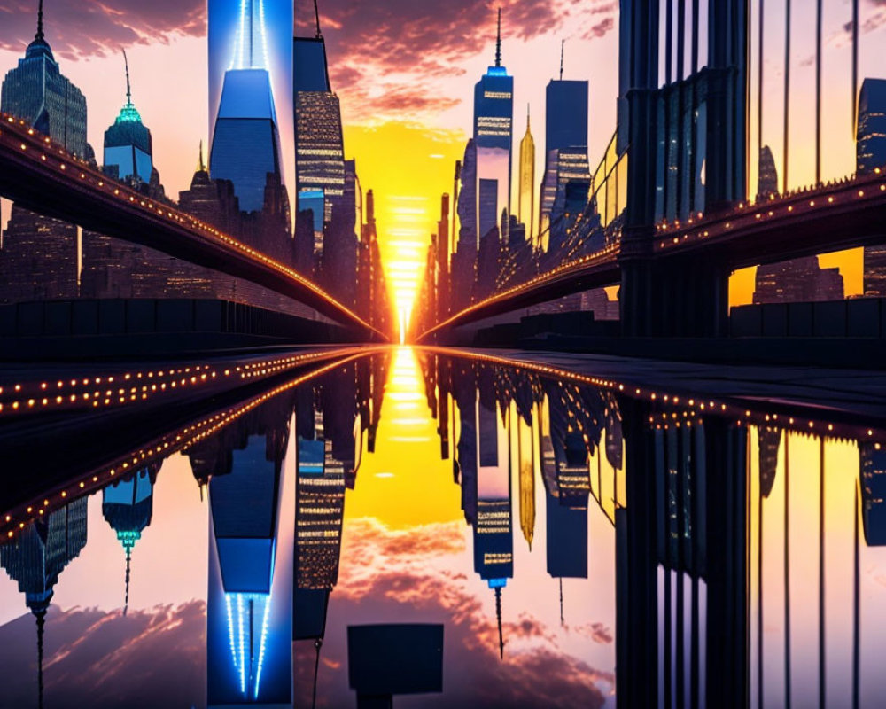 Symmetrical cityscape sunset with skyscrapers reflected on glossy surface