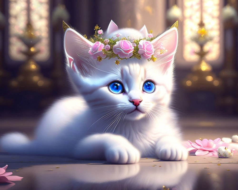 White Kitten with Blue Eyes in Flowery Crown on Reflective Surface