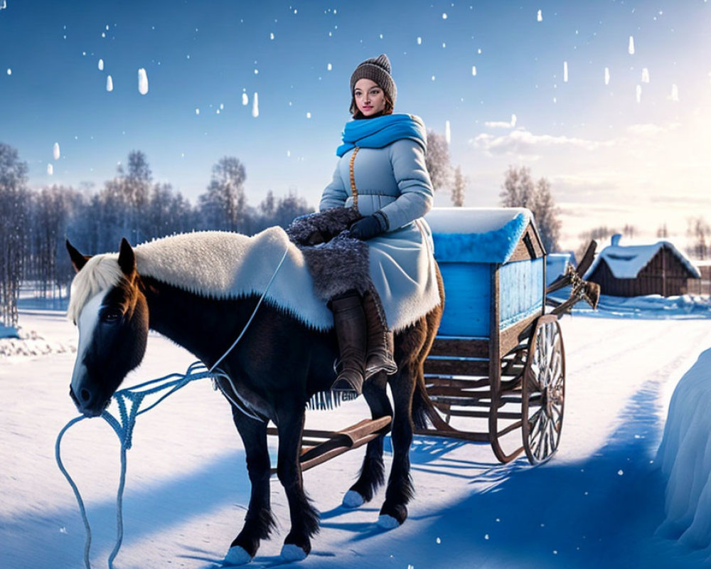 Person in scarf and coat on horse-drawn sleigh in snowy landscape