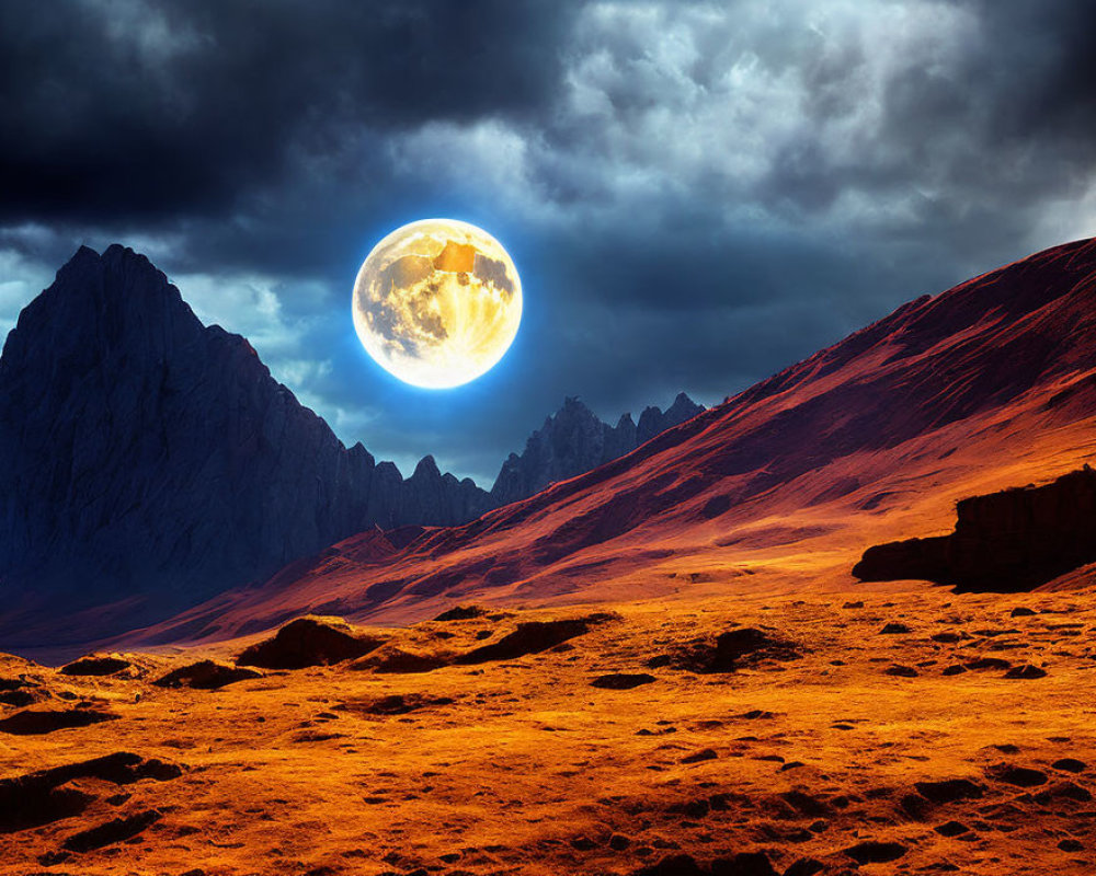 Red Terrain and Luminous Moon in Dark Sky Landscape