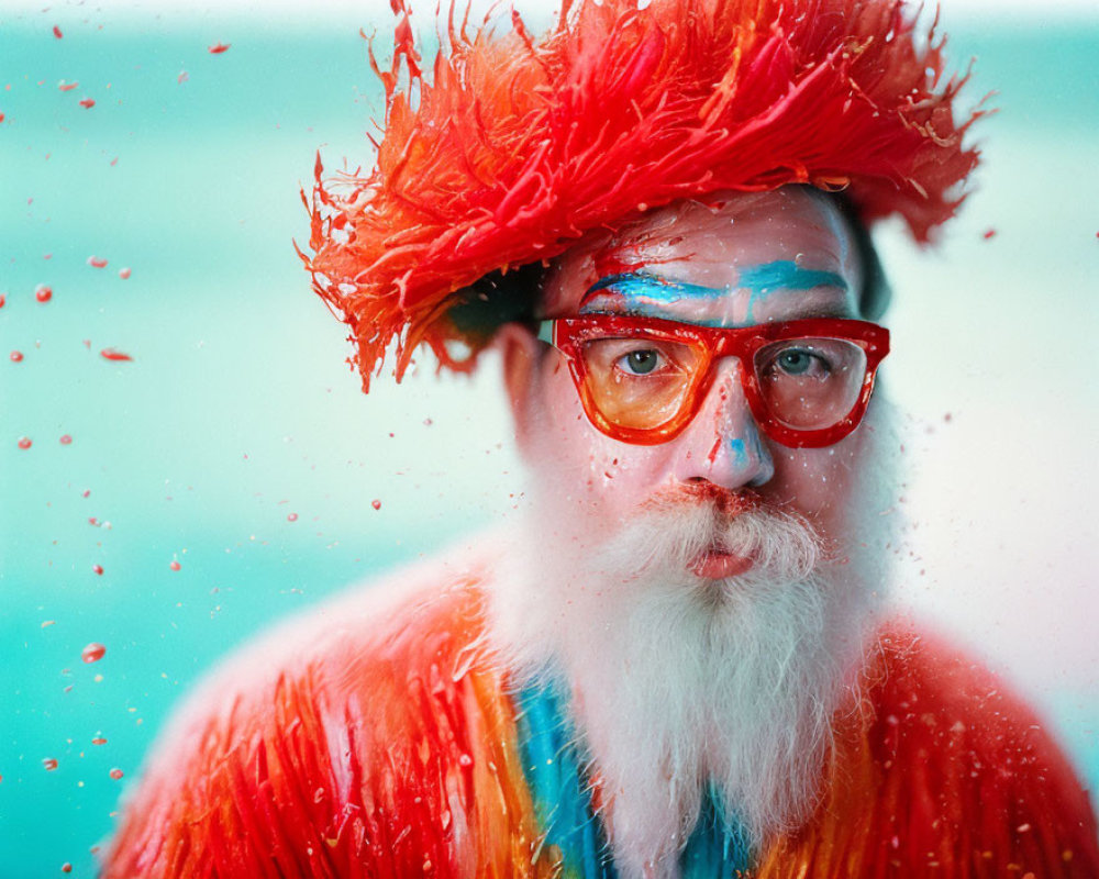 Colorful man with red mohawk and white beard on blue background