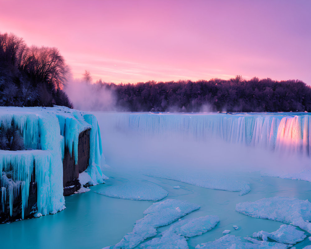 Frozen Waterfall with Ice Formations under Lavender Sky