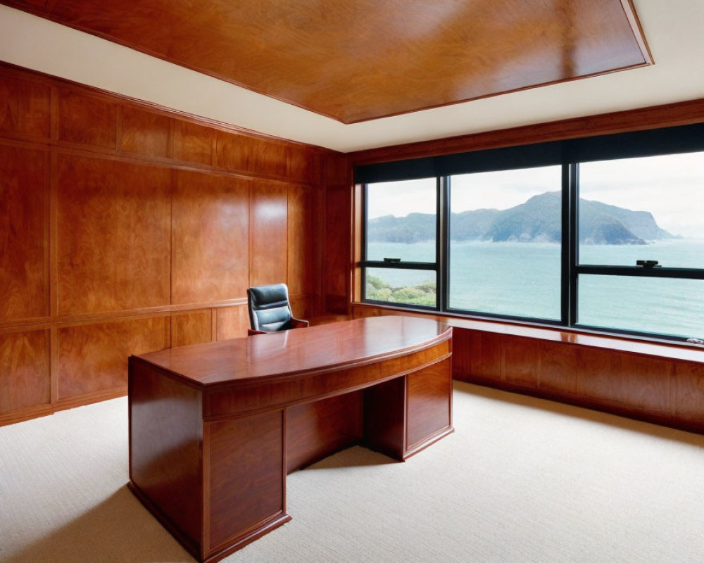 Wood-paneled office with large desk, leather chair, bay view through panoramic windows