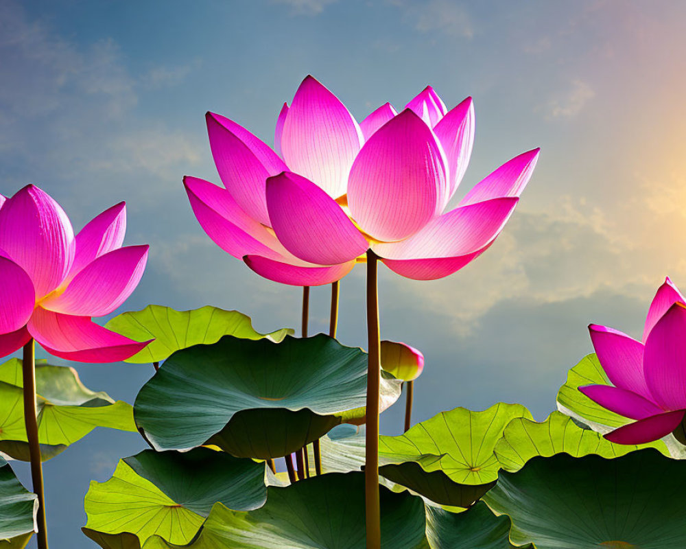 Pink Lotus Flowers Blooming in Serene Sky with Sunlight and Green Leaves