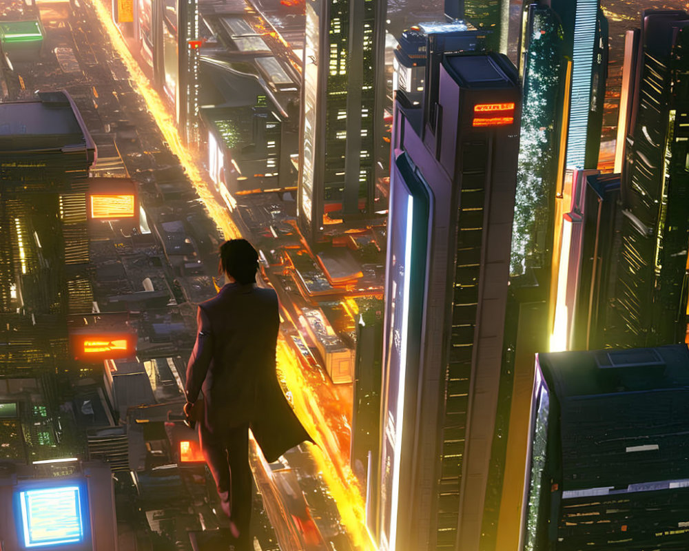 Person overlooking futuristic city with neon lights and soaring buildings