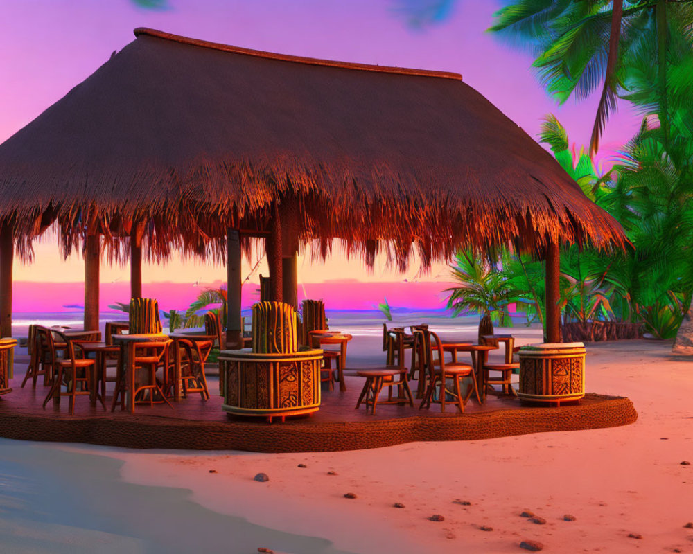 Sunset view of thatched-roof beach bar with wooden furniture and palm trees by the ocean