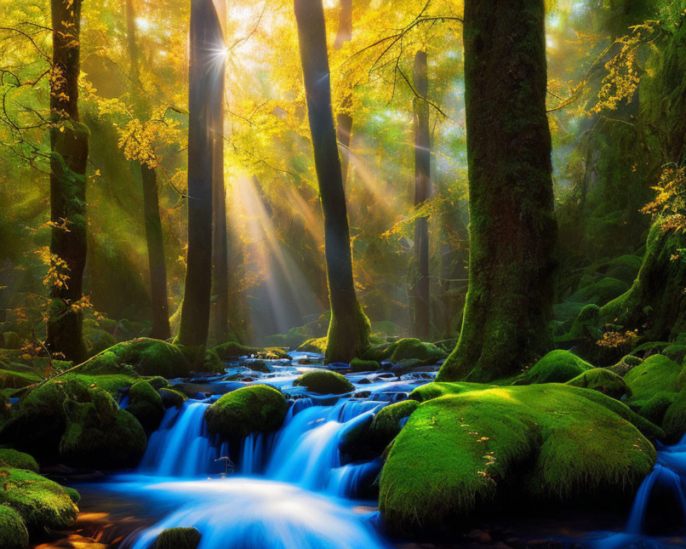 Lush Forest with Sunlight, Mist, Moss-Covered Rocks in Creek