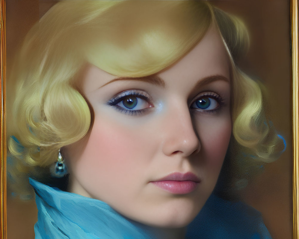 Blonde Curls Woman Portrait in Blue Attire