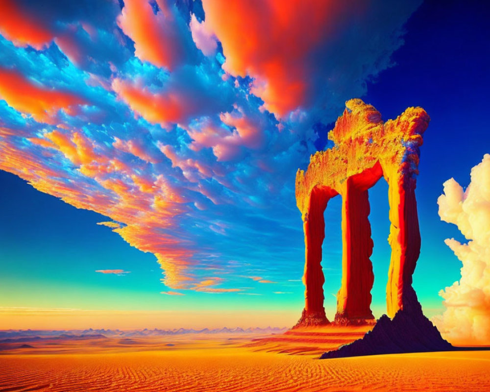 Dramatic desert sunset with natural arch rock formation