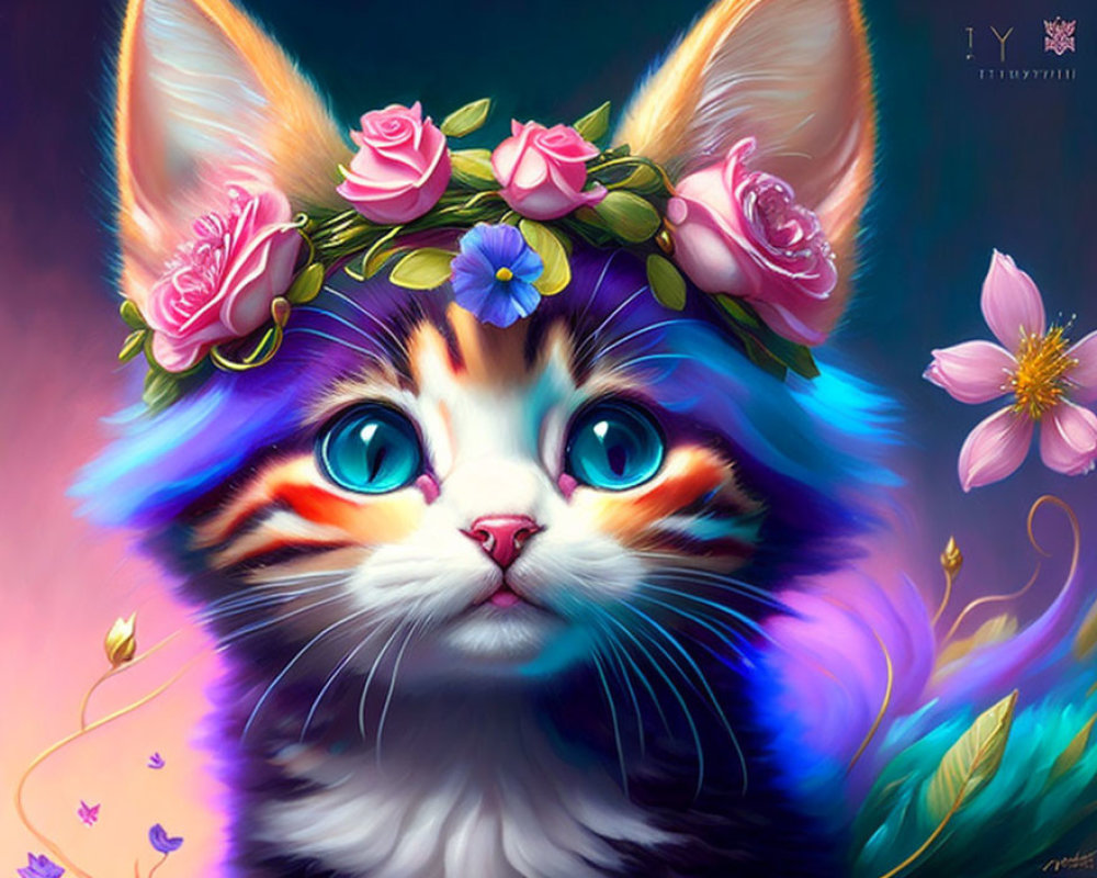 Vibrant digital painting of a kitten with a flower crown