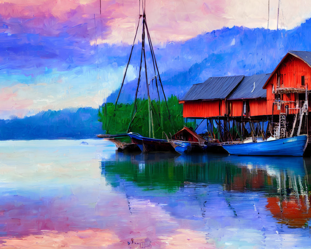 Vibrant impressionist painting: Red stilt house by calm waters, blue boats, forested