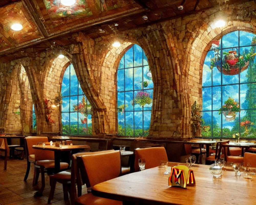 Restaurant with stone arches, large windows, garden view, warm lighting, and empty tables with fast