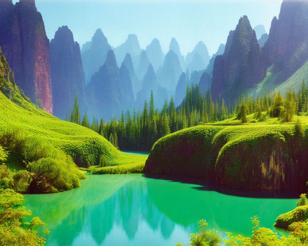 Misty Karst Mountains Frame Turquoise Lake