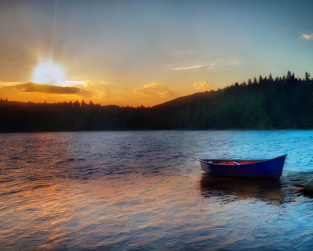 Tranquil sunset scene with solitary boat on lake and silhouetted trees