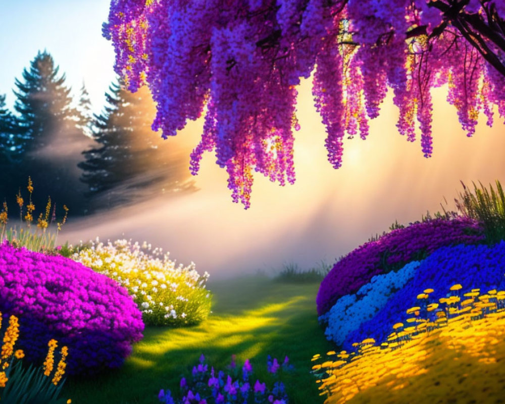 Lush Garden Scene: Purple Wisteria, Multicolored Flowers, Sun Rays, Trees