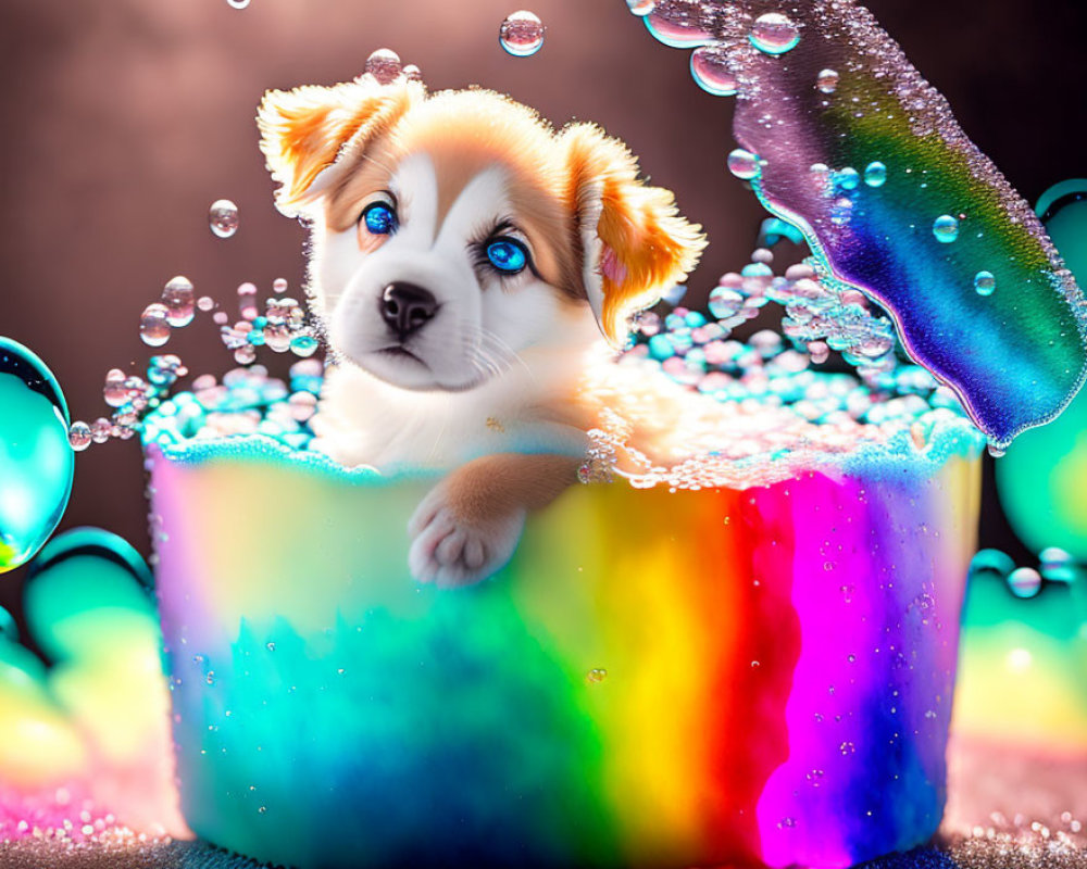 Whimsical puppy with blue eyes in rainbow cup among bubbles