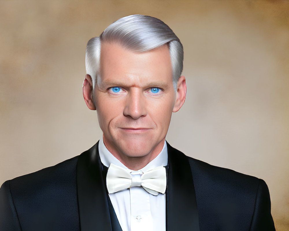 Silver-haired person in black tuxedo with blue eyes